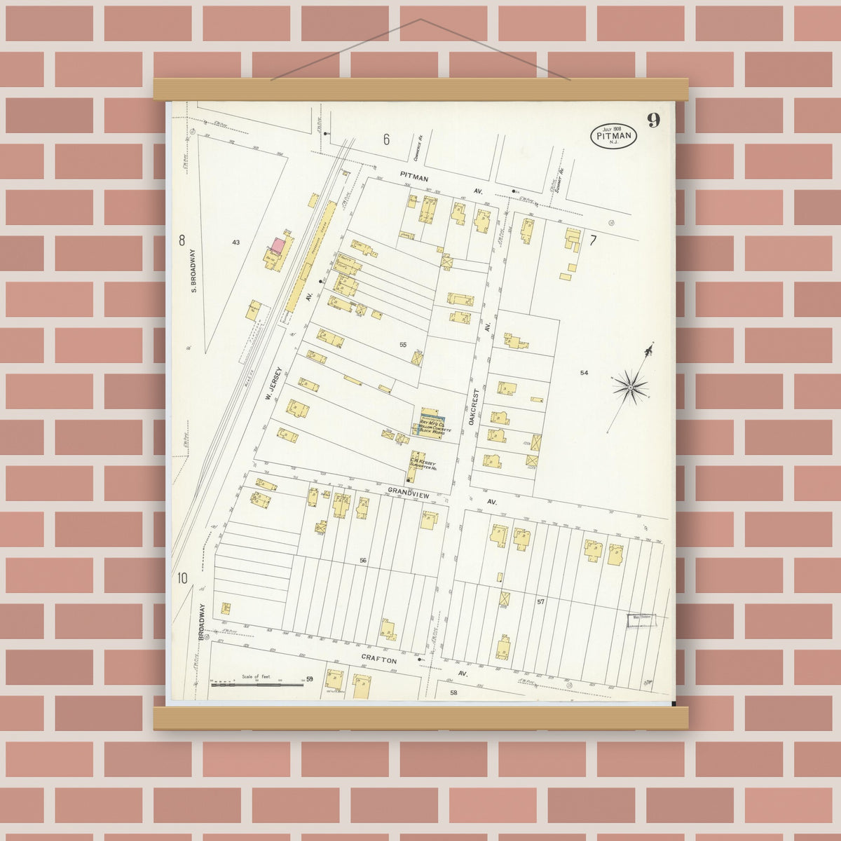 Old map wall art mockup — magnetic wood frame on brick wall — Sanborn Fire Insurance Map from Pitman, Gloucester County, New Jersey (1908), Sheet #0009