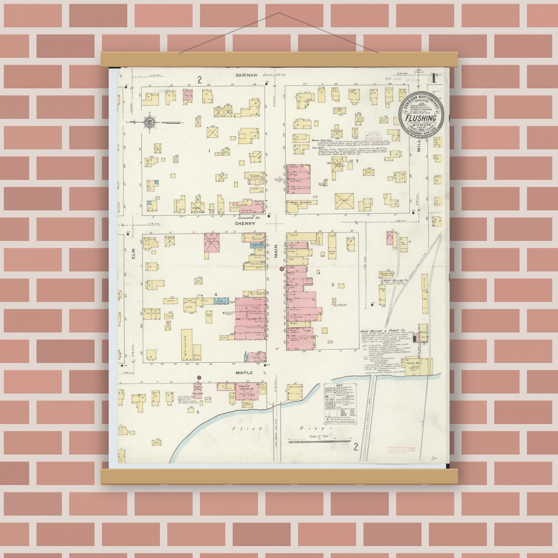 Old map wall art mockup — magnetic wood frame on brick wall — Sanborn Fire Insurance Map from Flushing, Genesee County, Michigan (1910), Sheet #0001