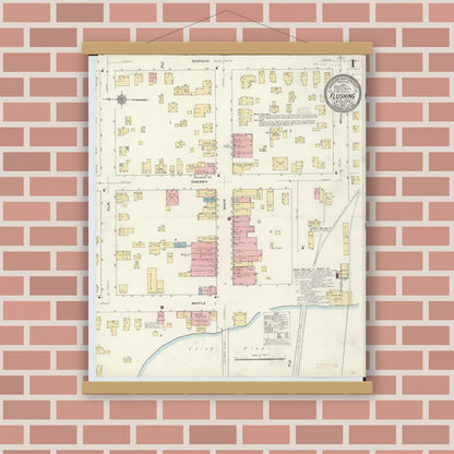 Old map wall art mockup — magnetic wood frame on brick wall — Sanborn Fire Insurance Map from Flushing, Genesee County, Michigan (1910), Sheet #0001