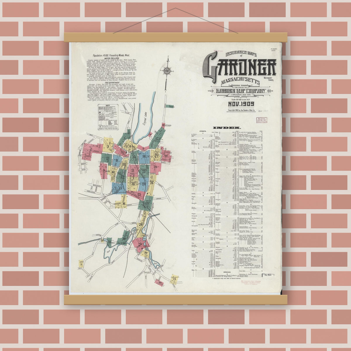 Old map wall art mockup — magnetic wood frame on brick wall — Sanborn Fire Insurance Map from Gardner, Worcester County, Massachusetts (1909), Sheet #0001