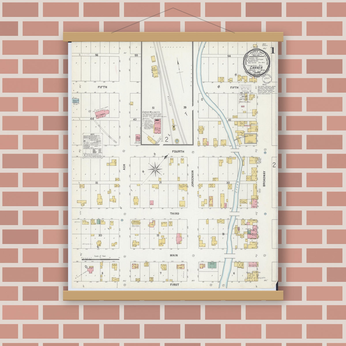 Old map wall art mockup — magnetic wood frame on brick wall — Sanborn Fire Insurance Map from Carver, Carver County, Minnesota (1900), Sheet #0001