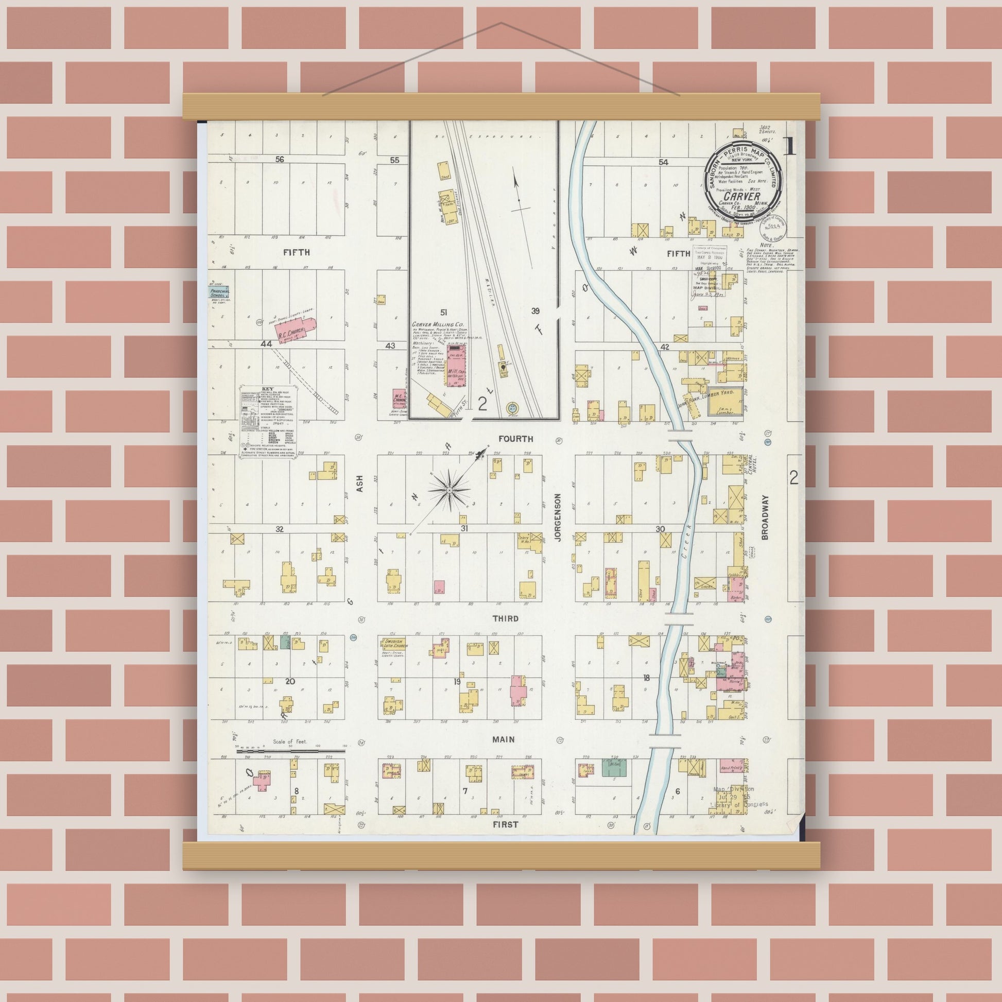 Old map wall art mockup — magnetic wood frame on brick wall — Sanborn Fire Insurance Map from Carver, Carver County, Minnesota (1900), Sheet #0001