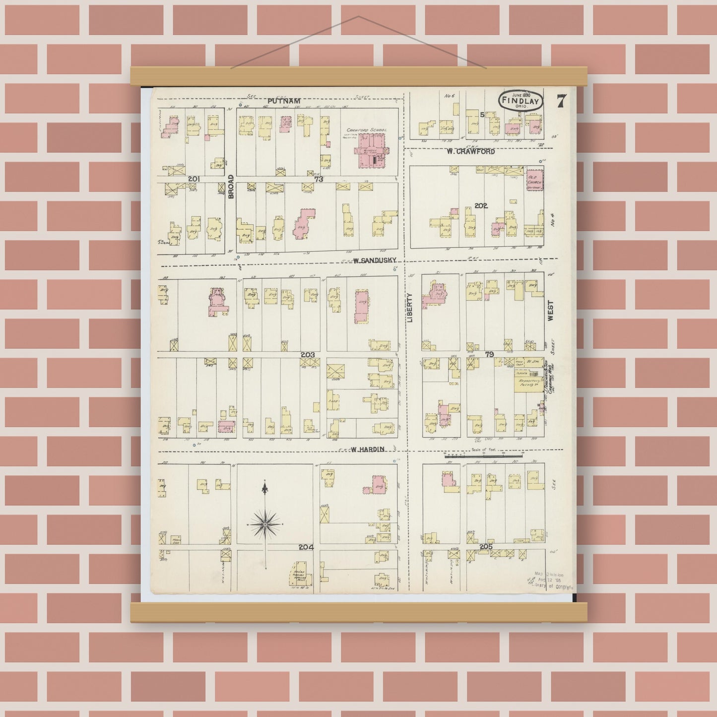 Old map wall art mockup — magnetic wood frame on brick wall — Sanborn Fire Insurance Map from Findlay, Hancock County, Ohio (1890), Sheet #0007