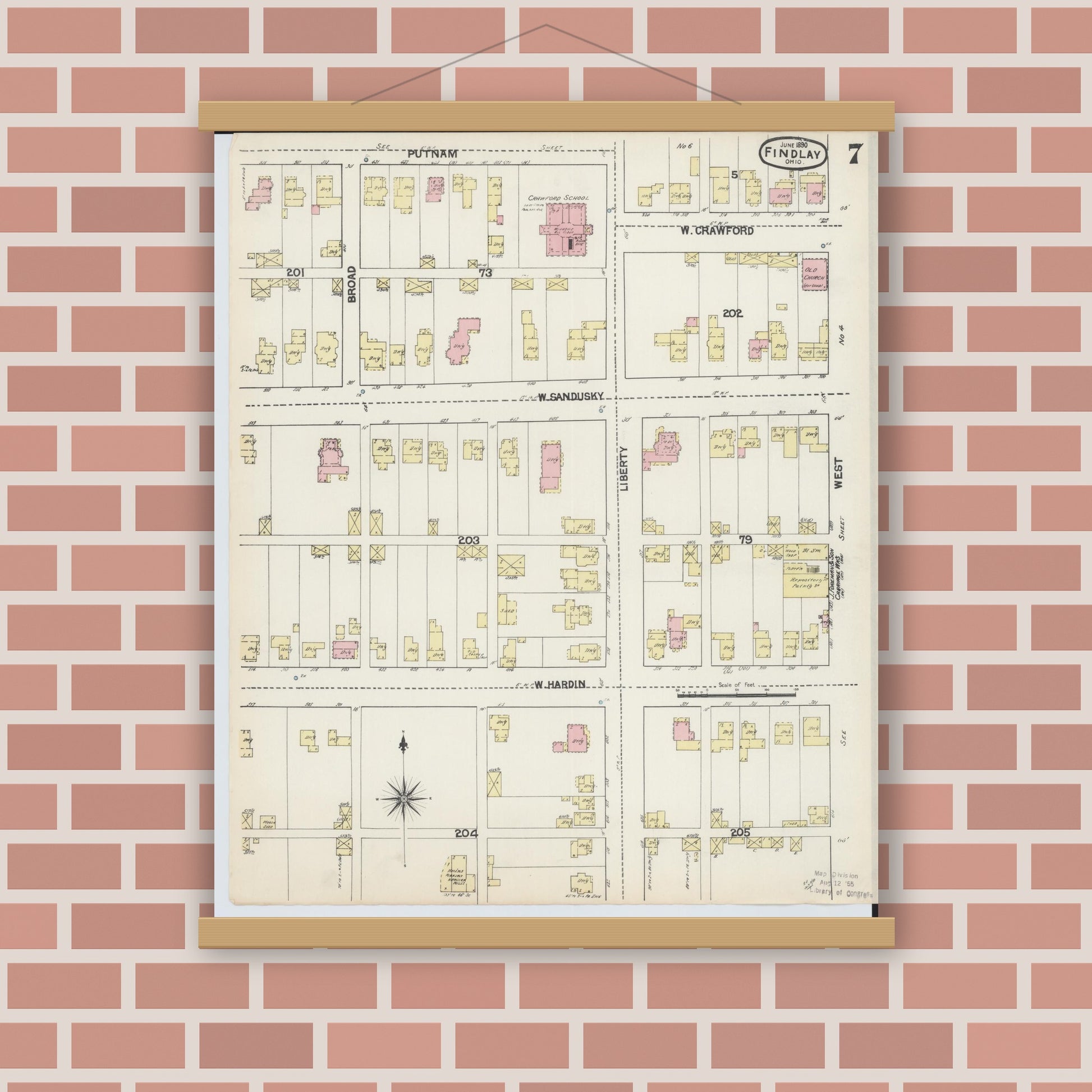 Old map wall art mockup — magnetic wood frame on brick wall — Sanborn Fire Insurance Map from Findlay, Hancock County, Ohio (1890), Sheet #0007