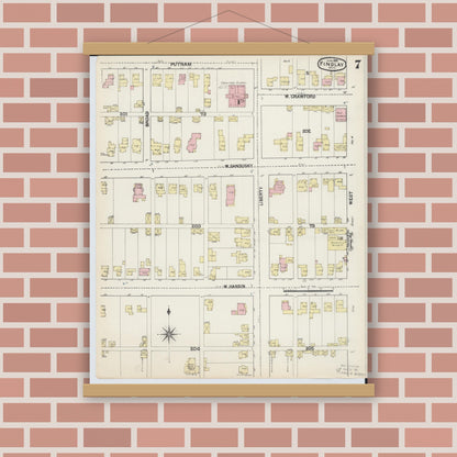 Old map wall art mockup — magnetic wood frame on brick wall — Sanborn Fire Insurance Map from Findlay, Hancock County, Ohio (1890), Sheet #0007