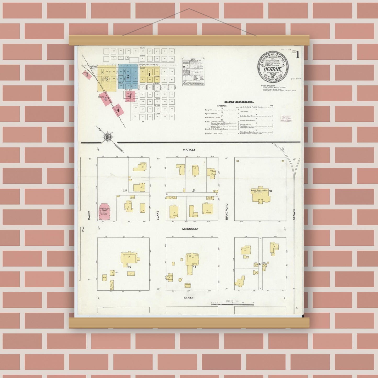Old map wall art mockup — magnetic wood frame on brick wall — Sanborn Fire Insurance Map from Hearne, Robertson County, Texas (1911) - Complete Map Set