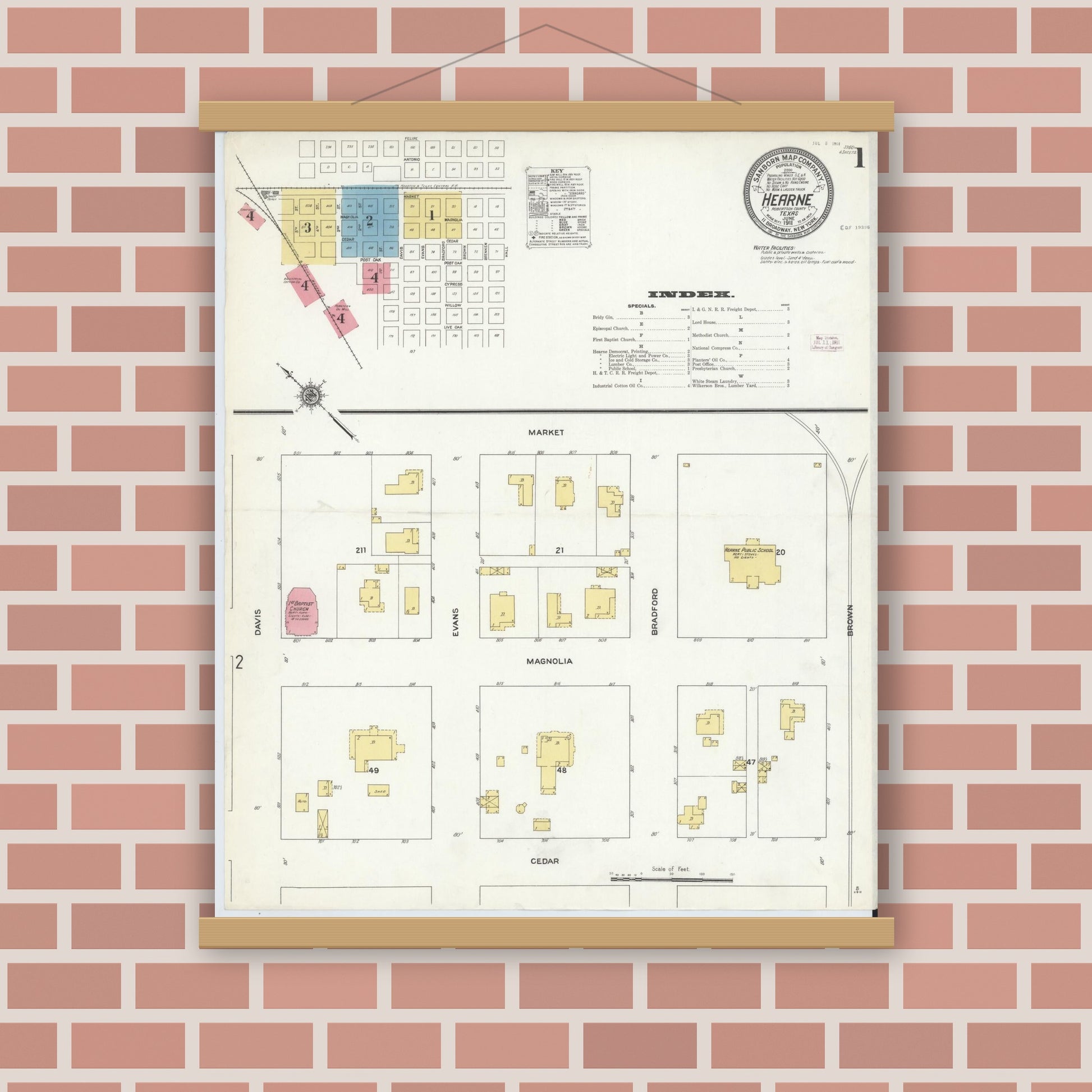 Old map wall art mockup — magnetic wood frame on brick wall — Sanborn Fire Insurance Map from Hearne, Robertson County, Texas (1911) - Complete Map Set