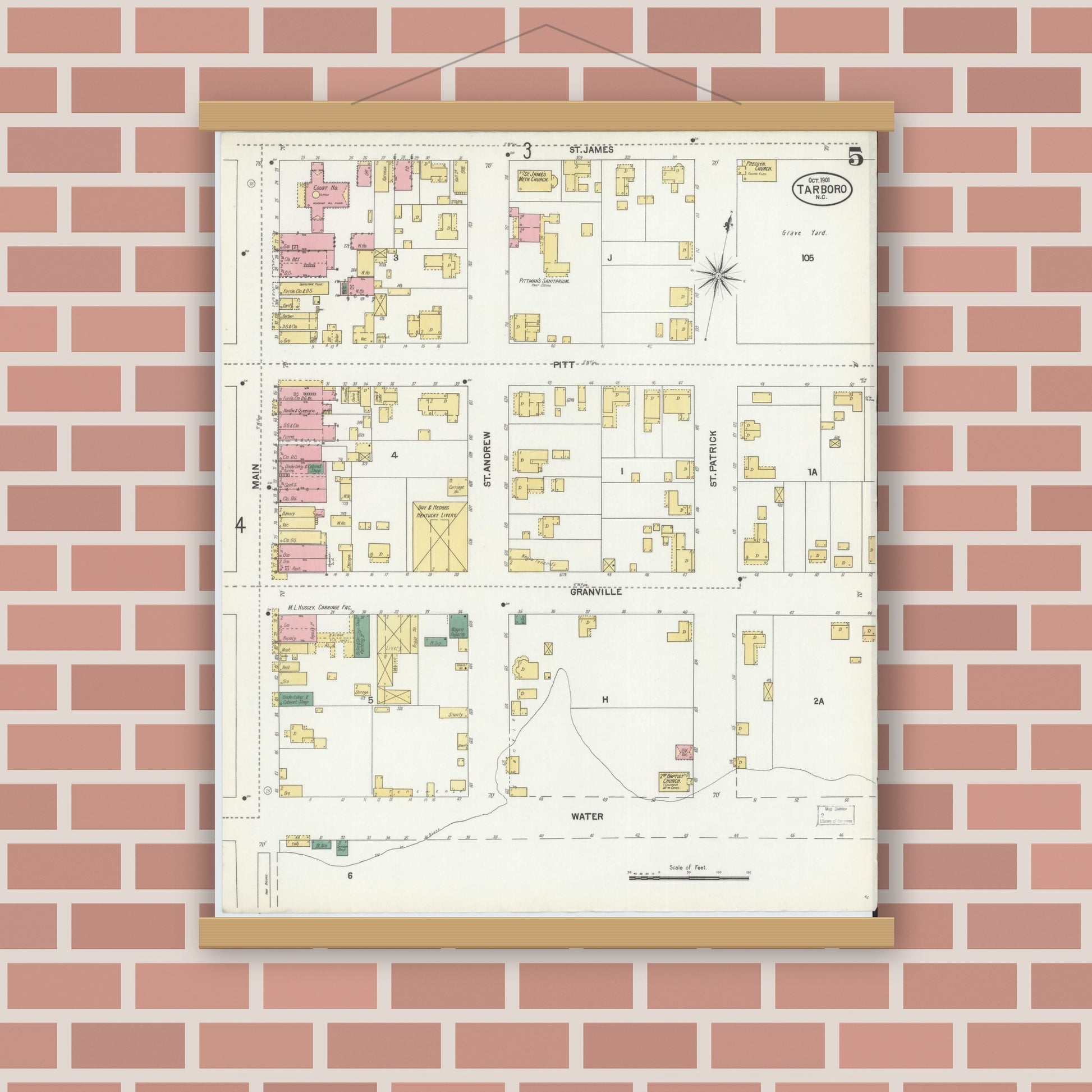 Old map wall art mockup — magnetic wood frame on brick wall — Sanborn Fire Insurance Map from Tarboro, Edgecombe County, North Carolina (1901), Sheet #0005