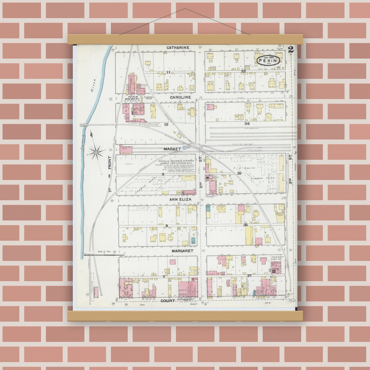 Old map wall art mockup — magnetic wood frame on brick wall — Sanborn Fire Insurance Map from Pekin, Tazewell County, Illinois (1892), Sheet #0002
