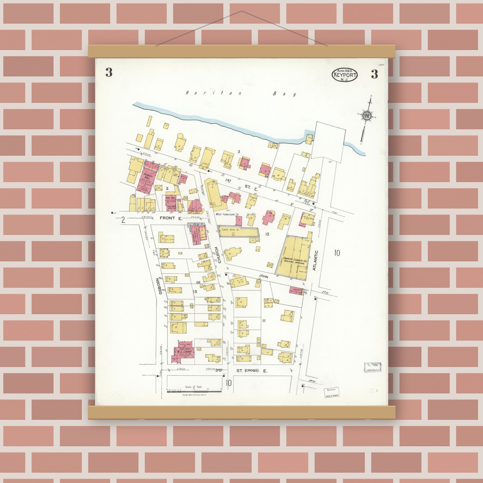 Old map wall art mockup — magnetic wood frame on brick wall — Sanborn Fire Insurance Map from Keyport, Monmouth County, New Jersey (1923), Sheet #0003