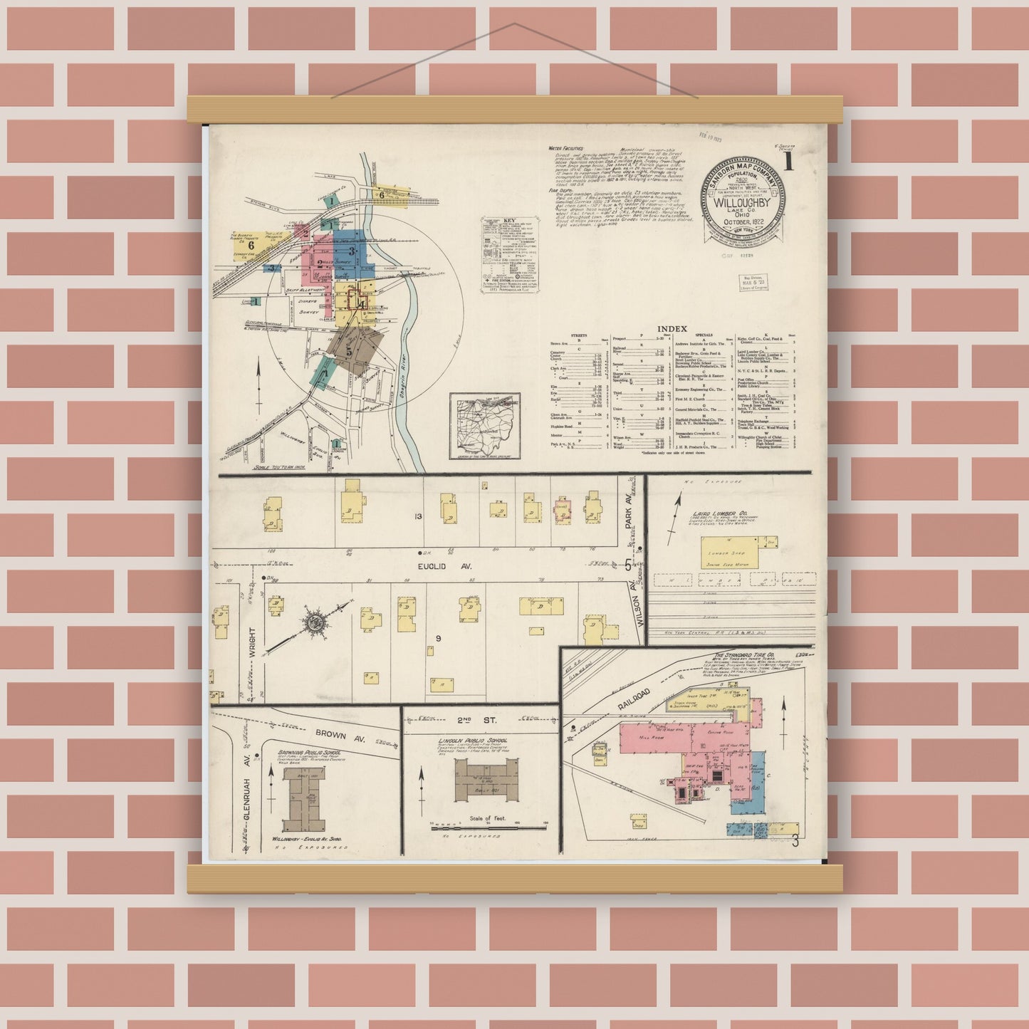 Old map wall art mockup — magnetic wood frame on brick wall — Sanborn Fire Insurance Map from Willoughby, Lake County, Ohio (1922) - Complete Map Set