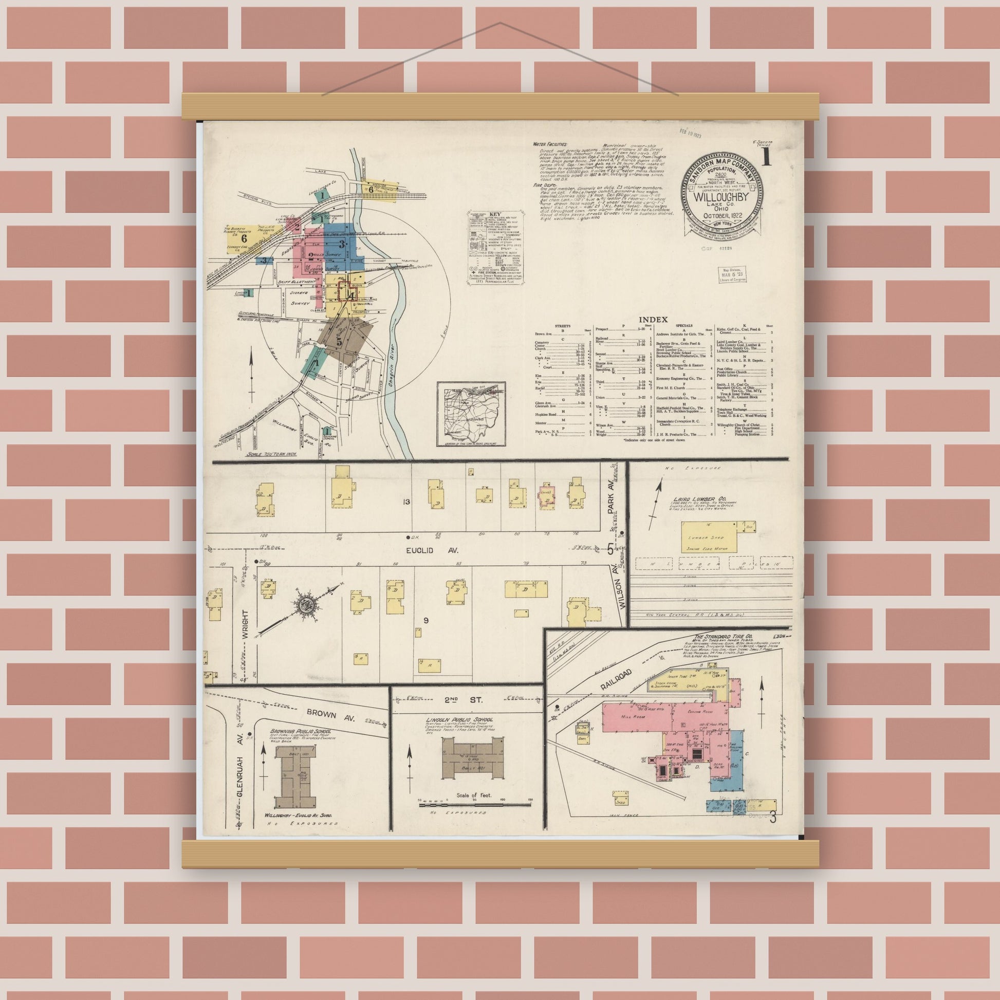 Old map wall art mockup — magnetic wood frame on brick wall — Sanborn Fire Insurance Map from Willoughby, Lake County, Ohio (1922) - Complete Map Set