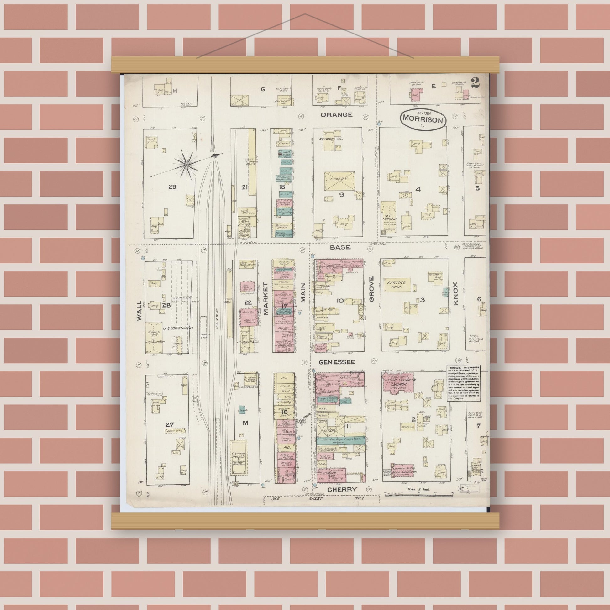 Old map wall art mockup — magnetic wood frame on brick wall — Sanborn Fire Insurance Map from Morrison, Whiteside County, Illinois (1884), Sheet #0002