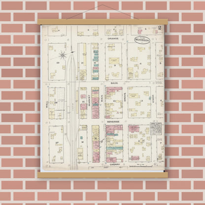 Old map wall art mockup — magnetic wood frame on brick wall — Sanborn Fire Insurance Map from Morrison, Whiteside County, Illinois (1884), Sheet #0002
