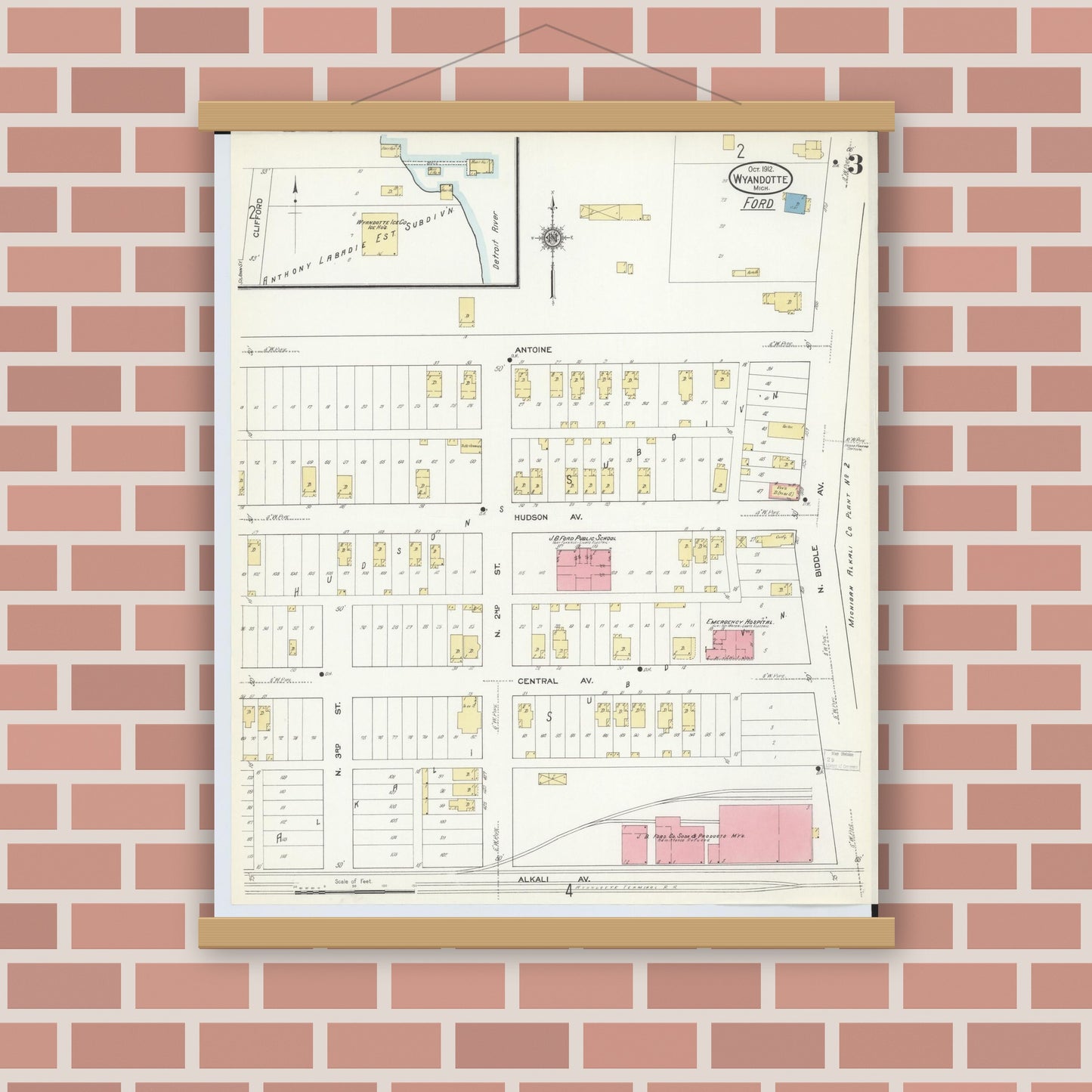 Old map wall art mockup — magnetic wood frame on brick wall — Sanborn Fire Insurance Map from Wyandotte, Wayne County, Michigan (1912), Sheet #0003