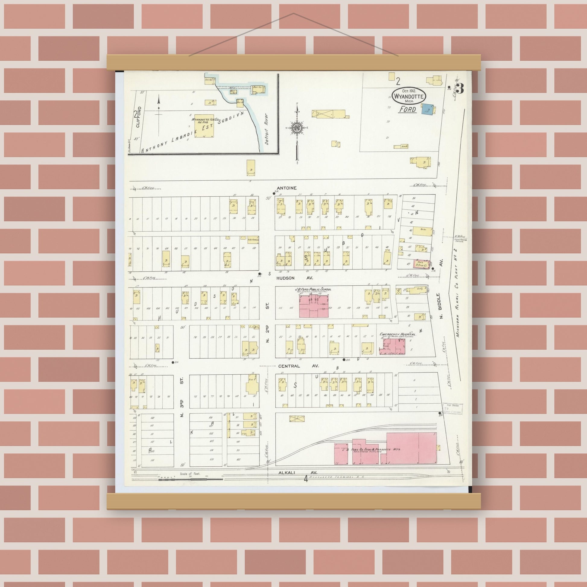 Old map wall art mockup — magnetic wood frame on brick wall — Sanborn Fire Insurance Map from Wyandotte, Wayne County, Michigan (1912), Sheet #0003