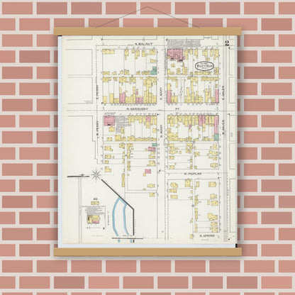 Old map wall art mockup — magnetic wood frame on brick wall — Sanborn Fire Insurance Map from Bucyrus, Crawford County, Ohio (1892), Sheet #0002