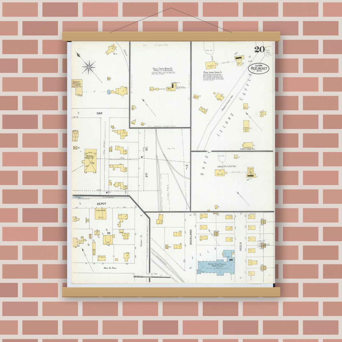 Old map wall art mockup — magnetic wood frame on brick wall — Sanborn Fire Insurance Map from Red Jacket, Houghton County, Michigan (1900), Sheet #0020