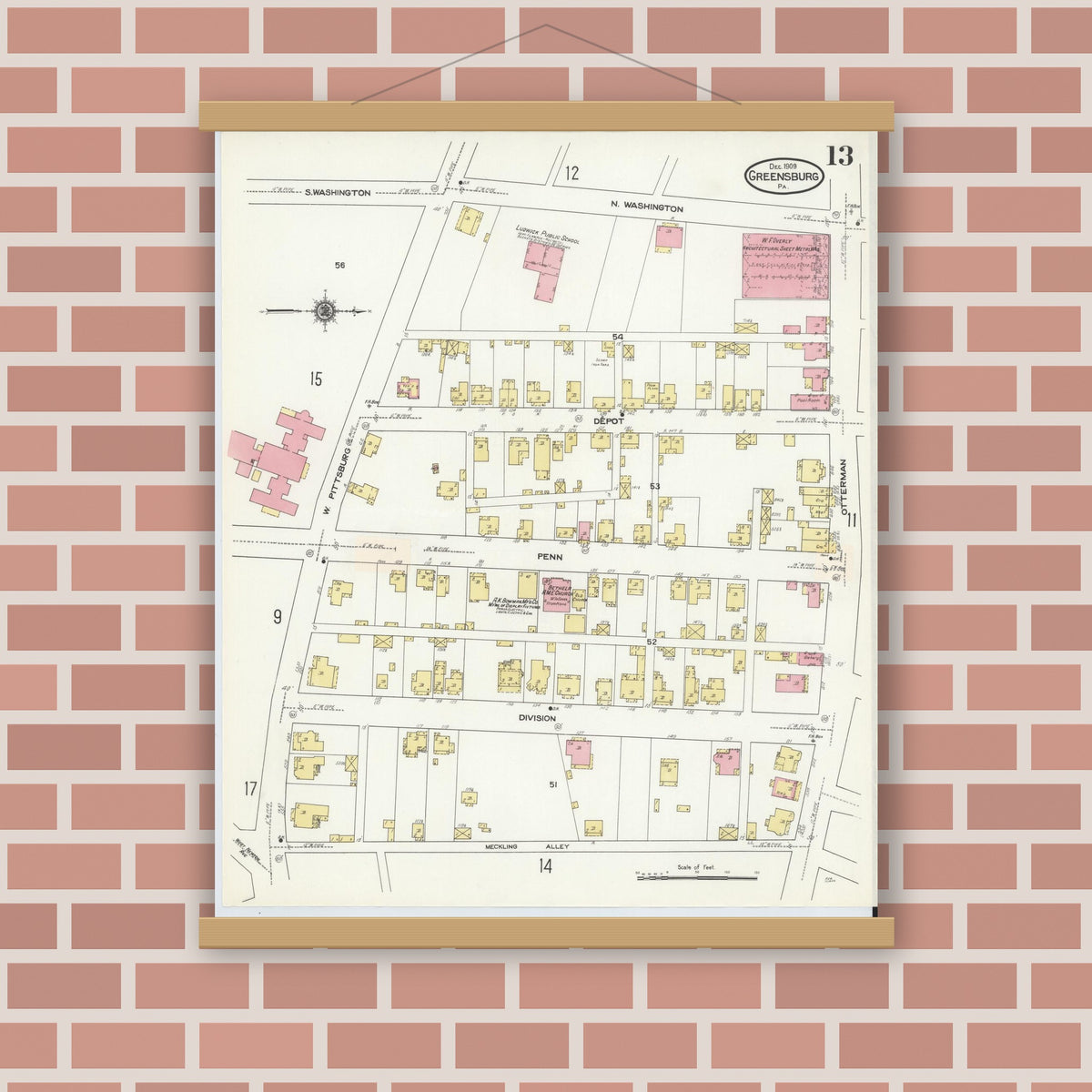 Old map wall art mockup — magnetic wood frame on brick wall — Sanborn Fire Insurance Map from Greensburg, Westmoreland County, Pennsylvania (1909), Sheet #0013