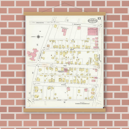 Old map wall art mockup — magnetic wood frame on brick wall — Sanborn Fire Insurance Map from Greensburg, Westmoreland County, Pennsylvania (1909), Sheet #0013