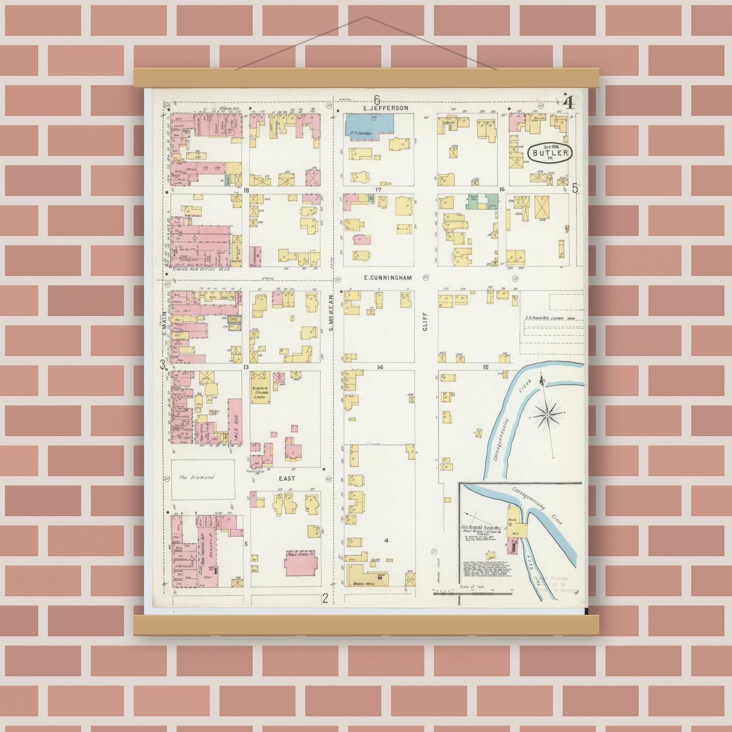 Old map wall art mockup — magnetic wood frame on brick wall — Sanborn Fire Insurance Map from Butler, Butler County, Pennsylvania (1896), Sheet #0004
