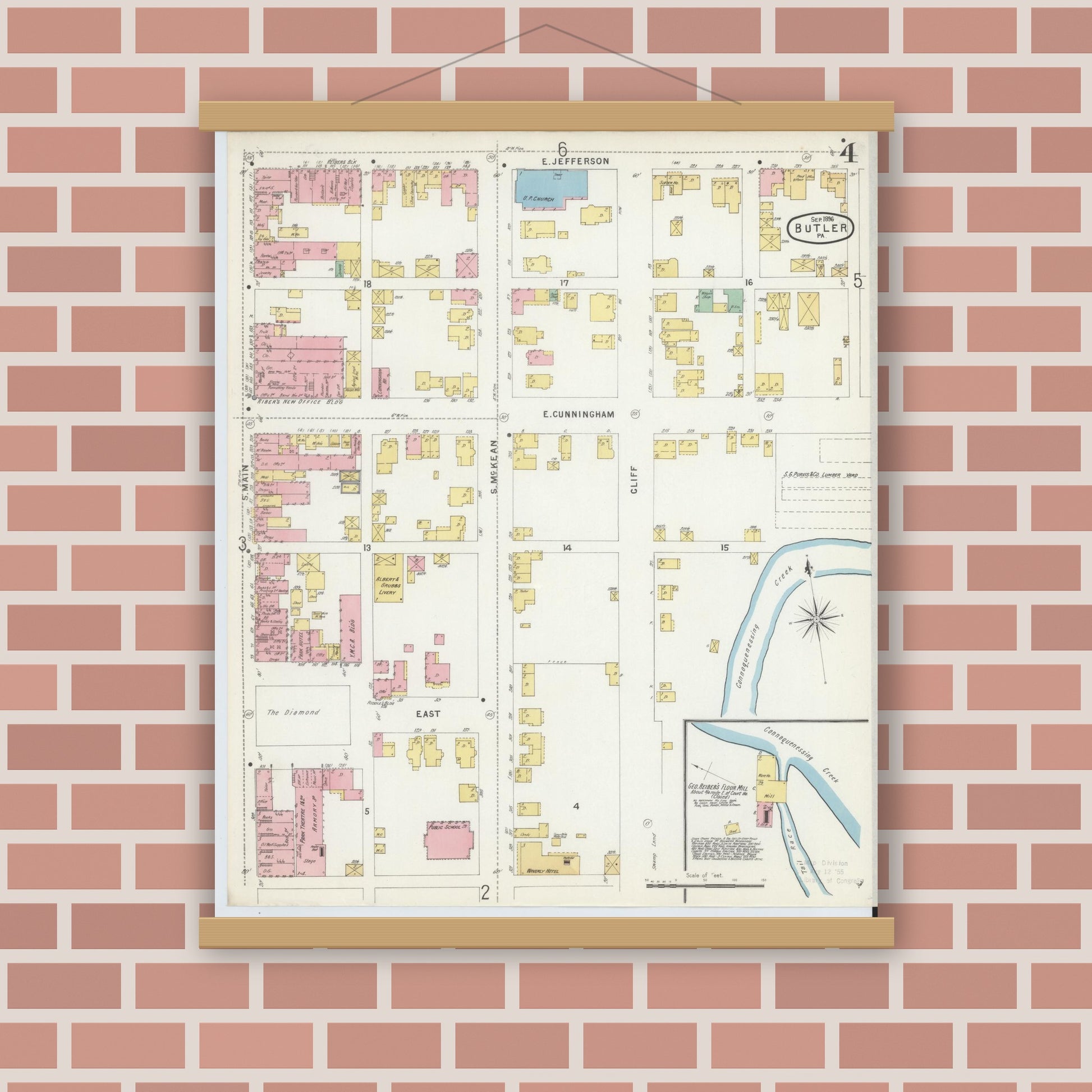 Old map wall art mockup — magnetic wood frame on brick wall — Sanborn Fire Insurance Map from Butler, Butler County, Pennsylvania (1896), Sheet #0004