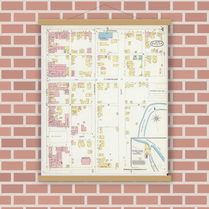 Old map wall art mockup — magnetic wood frame on brick wall — Sanborn Fire Insurance Map from Butler, Butler County, Pennsylvania (1896), Sheet #0004