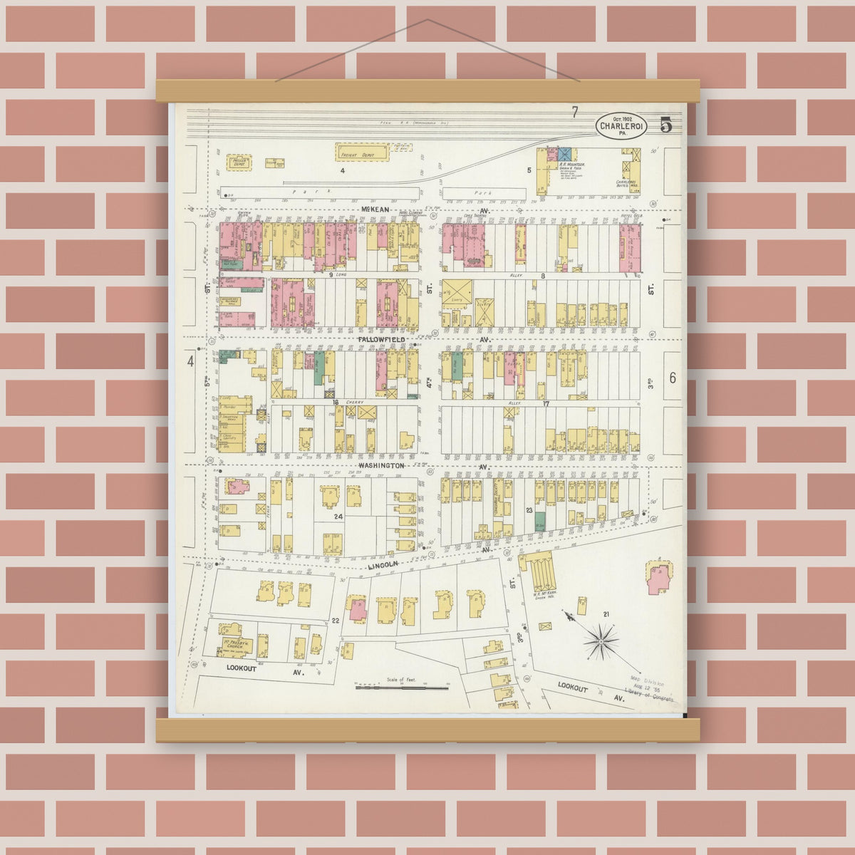 Old map wall art mockup — magnetic wood frame on brick wall — Sanborn Fire Insurance Map from Charleroi, Washington County, Pennsylvania (1902), Sheet #0005