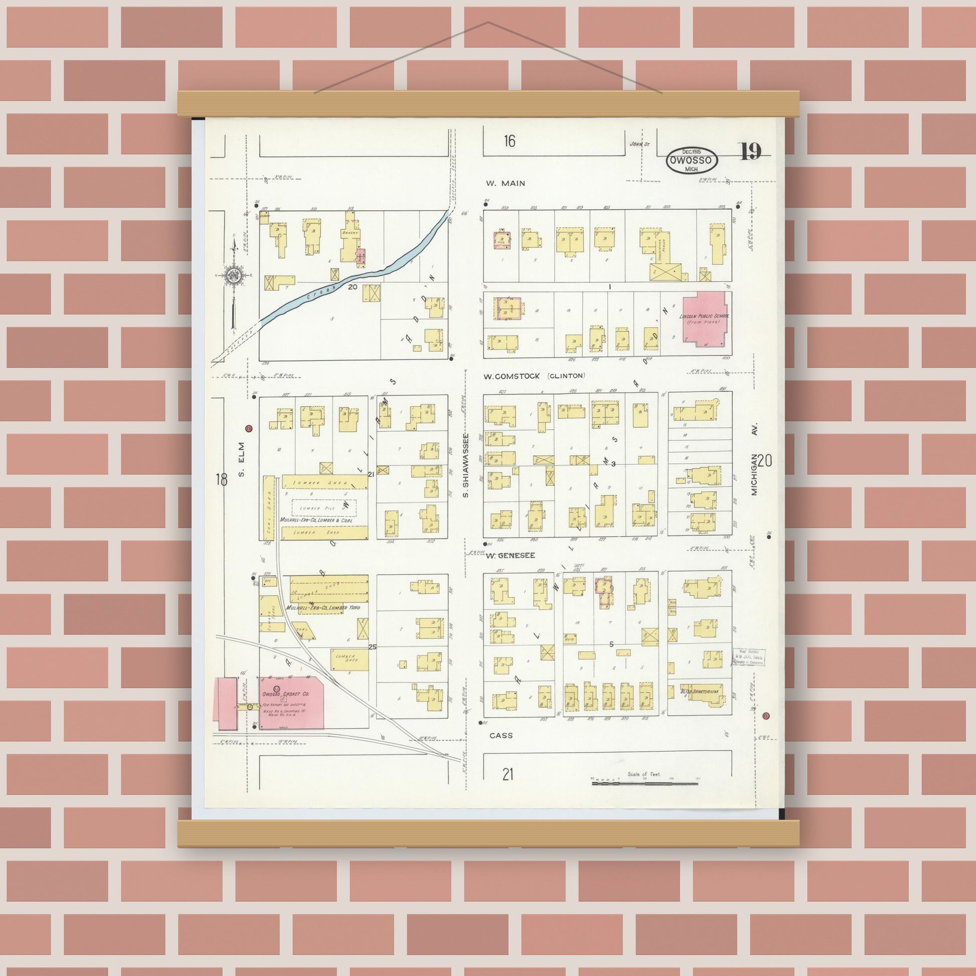Old map wall art mockup — magnetic wood frame on brick wall — Sanborn Fire Insurance Map from Owosso, Shiawassee County, Michigan (1915), Sheet #0019