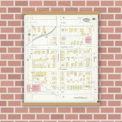 Old map wall art mockup — magnetic wood frame on brick wall — Sanborn Fire Insurance Map from Owosso, Shiawassee County, Michigan (1915), Sheet #0019