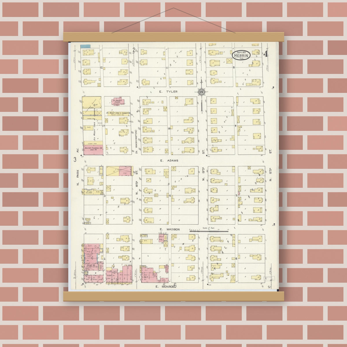 Old map wall art mockup — magnetic wood frame on brick wall — Sanborn Fire Insurance Map from Herrin, Williamson County, Illinois (1913), Sheet #0004
