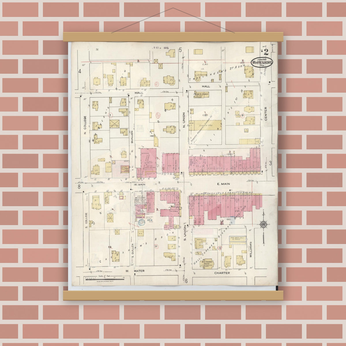 Old map wall art mockup — magnetic wood frame on brick wall — Sanborn Fire Insurance Map from Whitesboro, Grayson County, Texas (1943), Sheet #0002