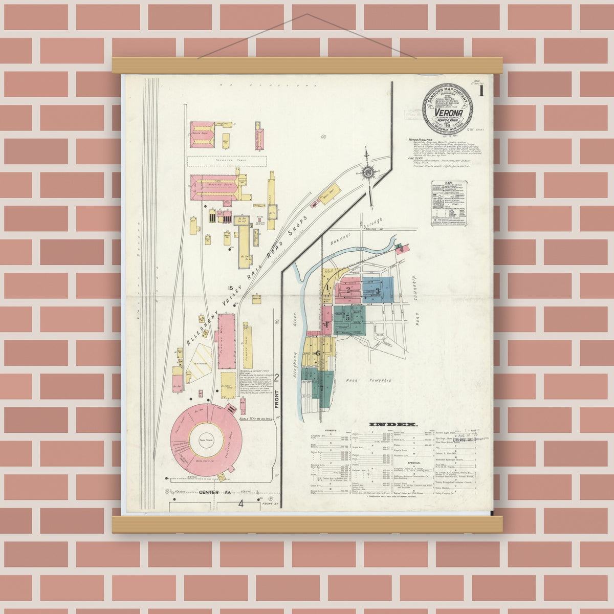 Old map wall art mockup — magnetic wood frame on brick wall — Sanborn Fire Insurance Map from Verona, Allegheny County, Pennsylvania (1911) - Complete Map Set
