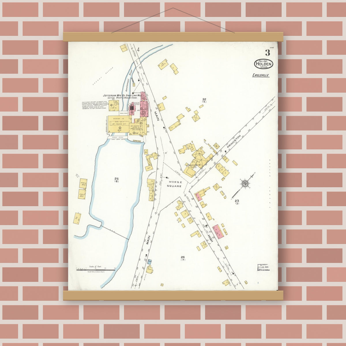 Old map wall art mockup — magnetic wood frame on brick wall — Sanborn Fire Insurance Map from Holden, Worcester County, Massachusetts (1921), Sheet #0003