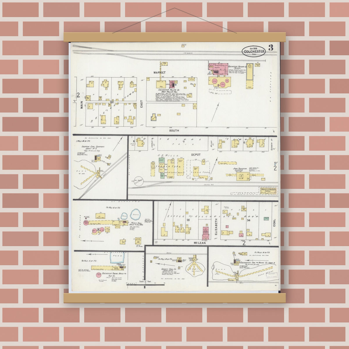 Old map wall art mockup — magnetic wood frame on brick wall — Sanborn Fire Insurance Map from Colchester, Mcdonough County, Illinois (1898), Sheet #0003