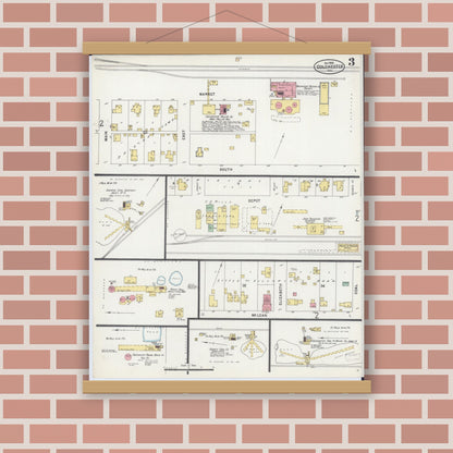 Old map wall art mockup — magnetic wood frame on brick wall — Sanborn Fire Insurance Map from Colchester, Mcdonough County, Illinois (1898), Sheet #0003