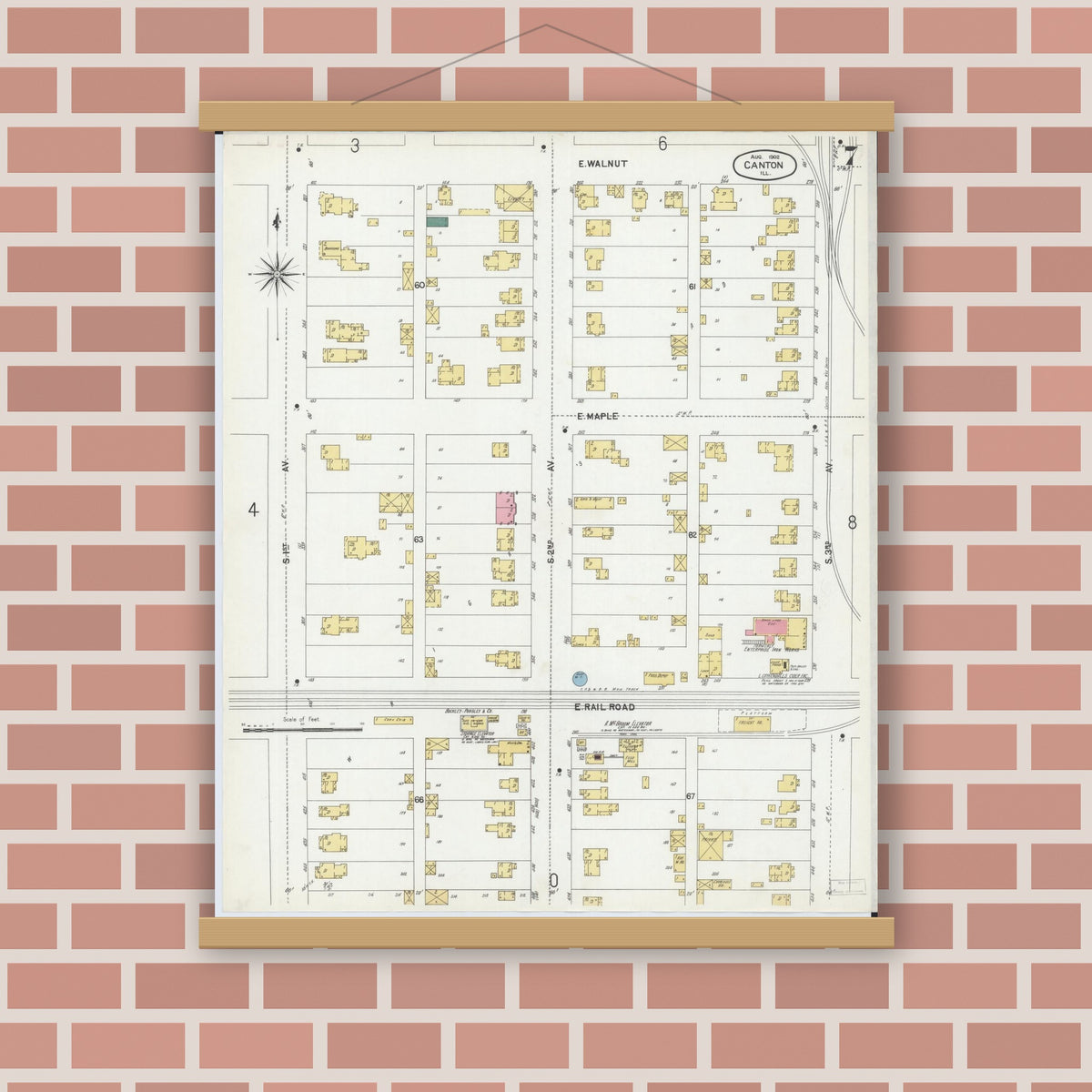 Old map wall art mockup — magnetic wood frame on brick wall — Sanborn Fire Insurance Map from Canton, Fulton County, Illinois (1902), Sheet #0007