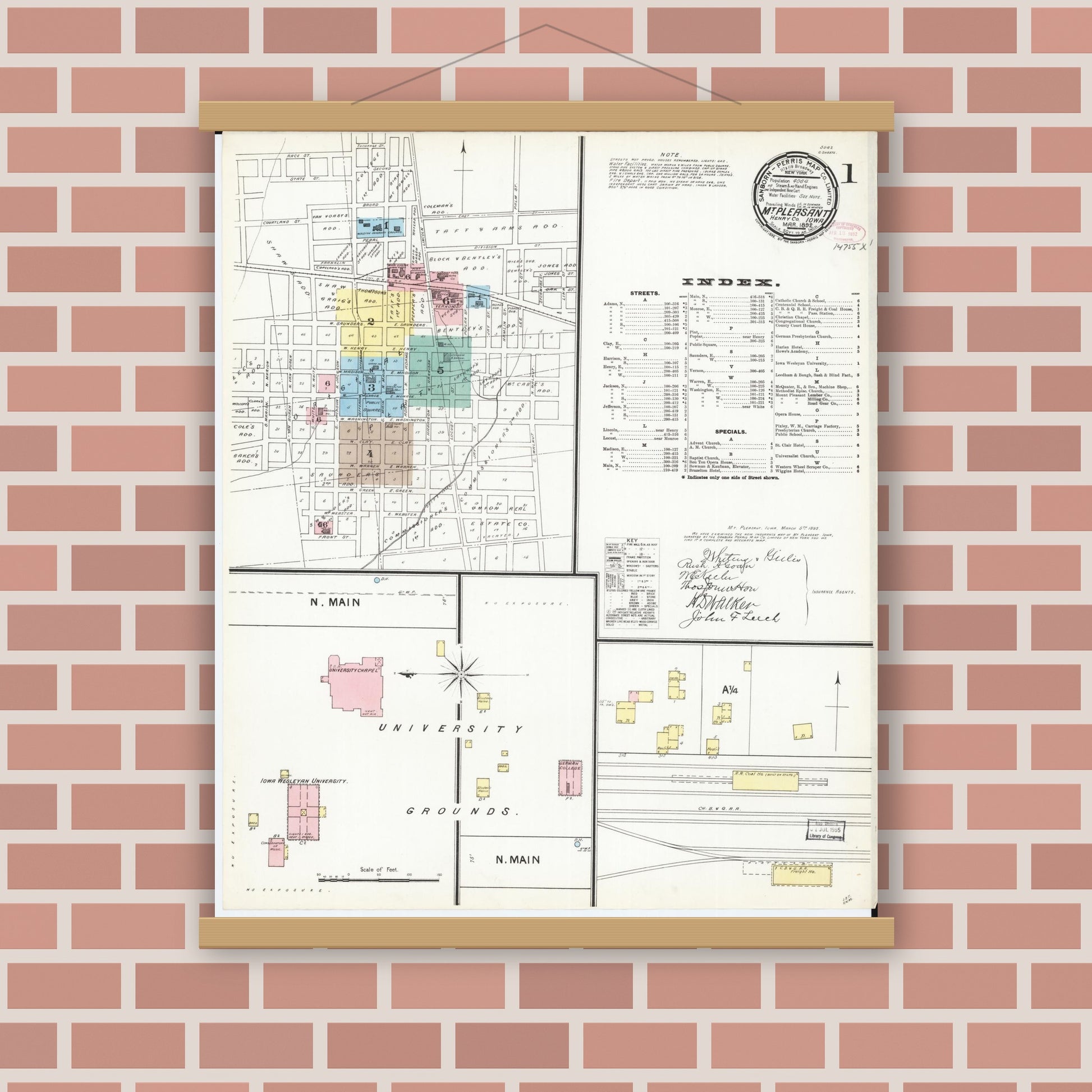 Old map wall art mockup — magnetic wood frame on brick wall — Sanborn Fire Insurance Map from Mount Pleasant, Henry County, Iowa (1892) â€” Complete Set