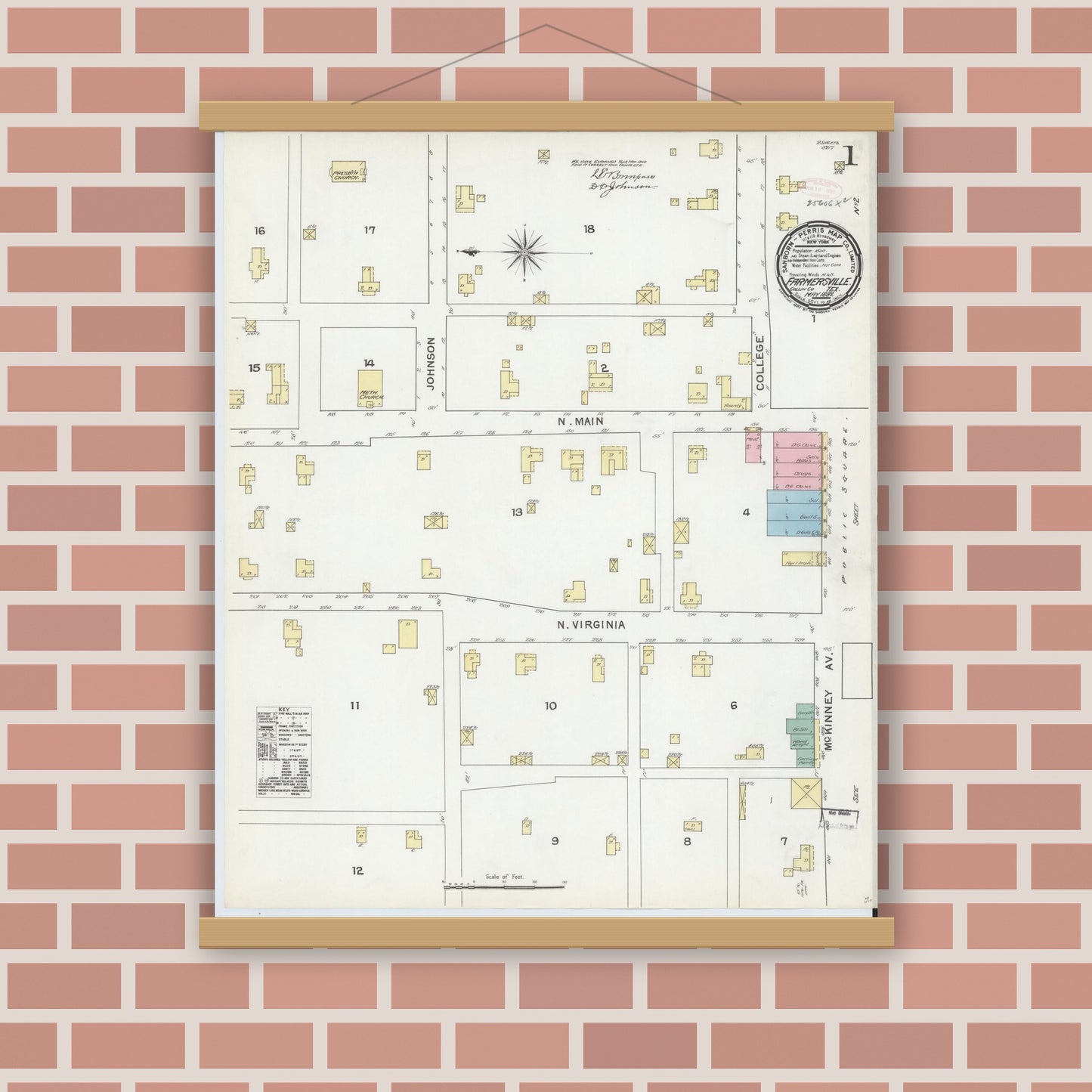 Old map wall art mockup — magnetic wood frame on brick wall — Sanborn Fire Insurance Map from Farmersville, Collin County, Texas (1892), Sheet #0001