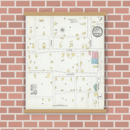 Old map wall art mockup — magnetic wood frame on brick wall — Sanborn Fire Insurance Map from Farmersville, Collin County, Texas (1892), Sheet #0001