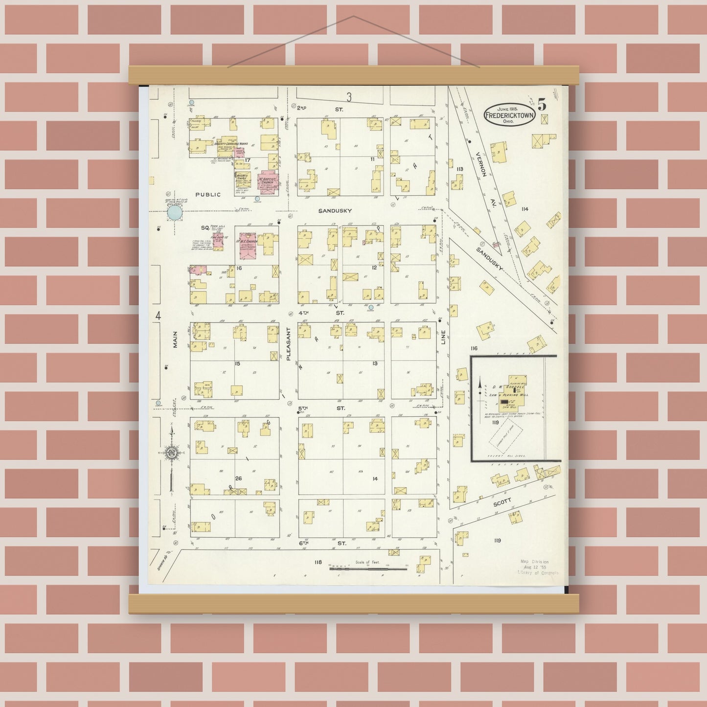 Old map wall art mockup — magnetic wood frame on brick wall — Sanborn Fire Insurance Map from Fredericktown, Knox County, Ohio (1915), Sheet #0005