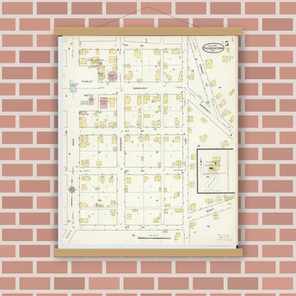 Old map wall art mockup — magnetic wood frame on brick wall — Sanborn Fire Insurance Map from Fredericktown, Knox County, Ohio (1915), Sheet #0005