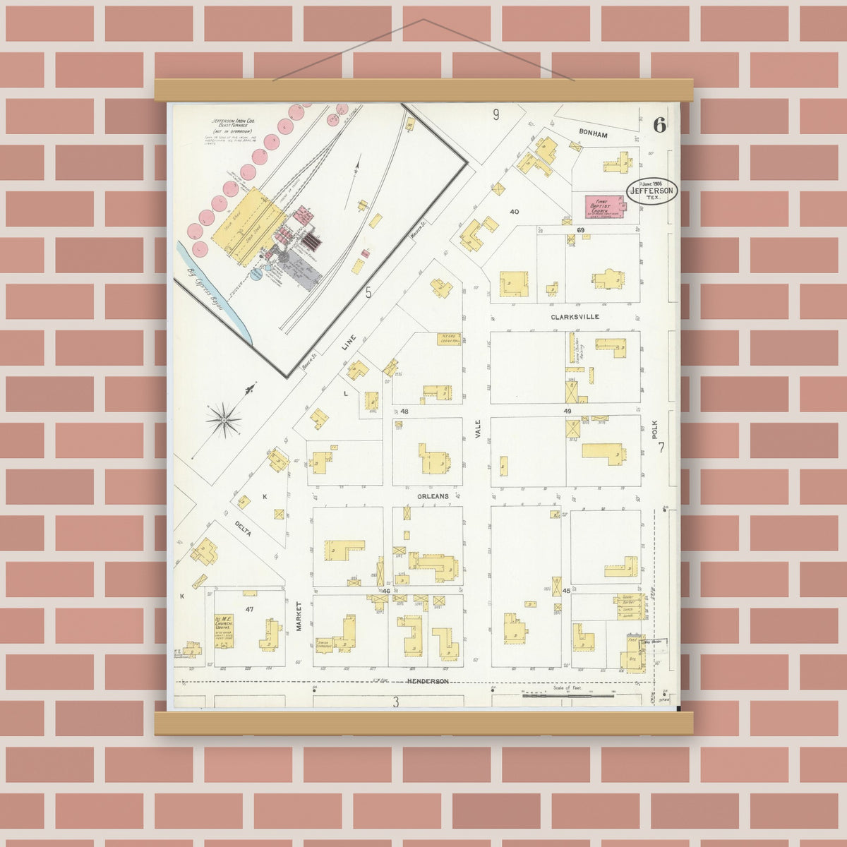 Old map wall art mockup — magnetic wood frame on brick wall — Sanborn Fire Insurance Map from Jefferson, Marion County, Texas (1906), Sheet #0006