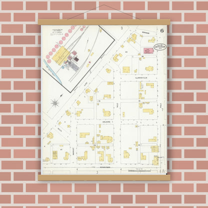 Old map wall art mockup — magnetic wood frame on brick wall — Sanborn Fire Insurance Map from Jefferson, Marion County, Texas (1906), Sheet #0006