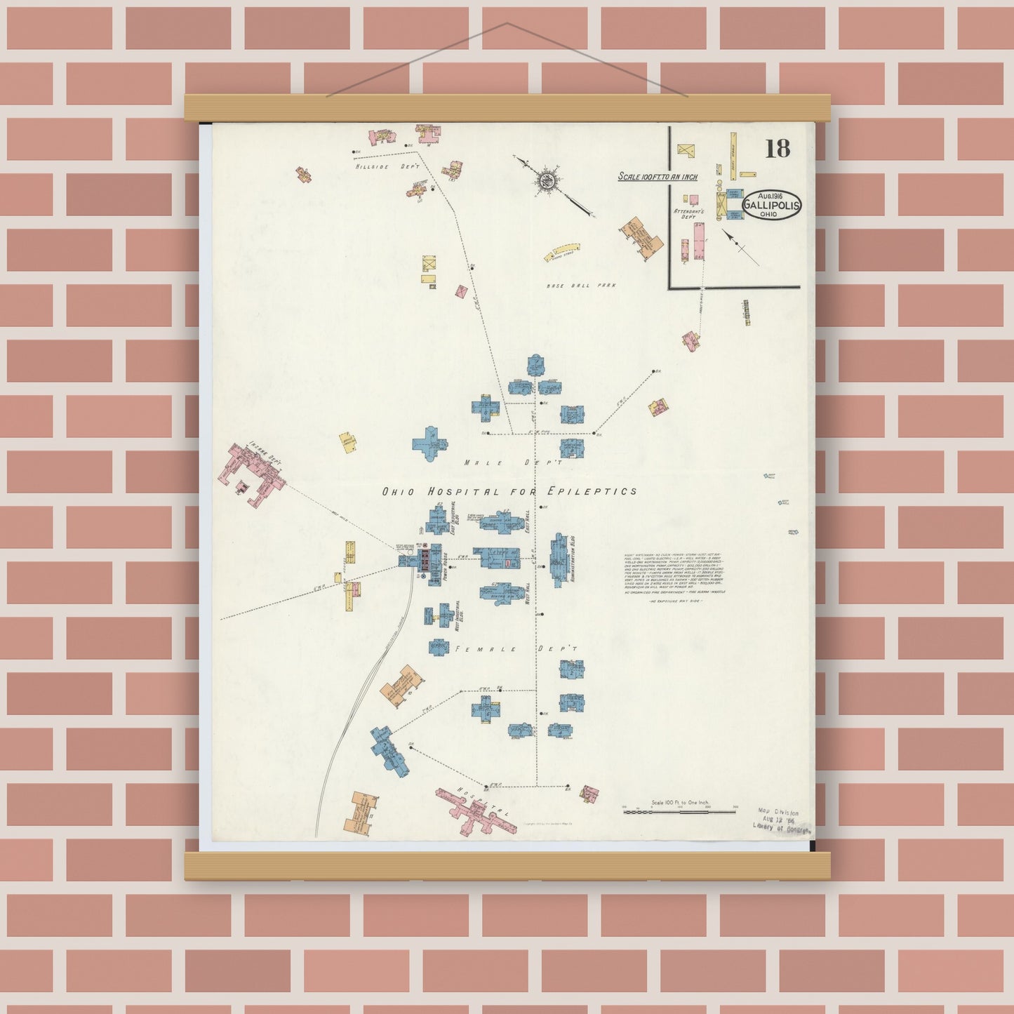Old map wall art mockup — magnetic wood frame on brick wall — Sanborn Fire Insurance Map from Gallipolis, Gallia County, Ohio (1916), Sheet #0018