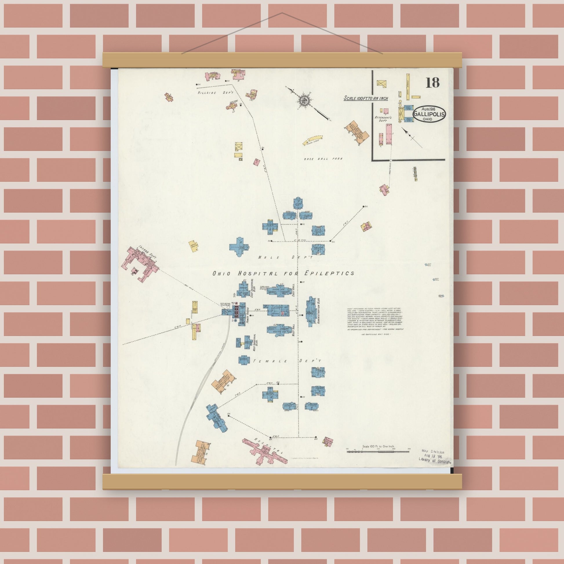 Old map wall art mockup — magnetic wood frame on brick wall — Sanborn Fire Insurance Map from Gallipolis, Gallia County, Ohio (1916), Sheet #0018