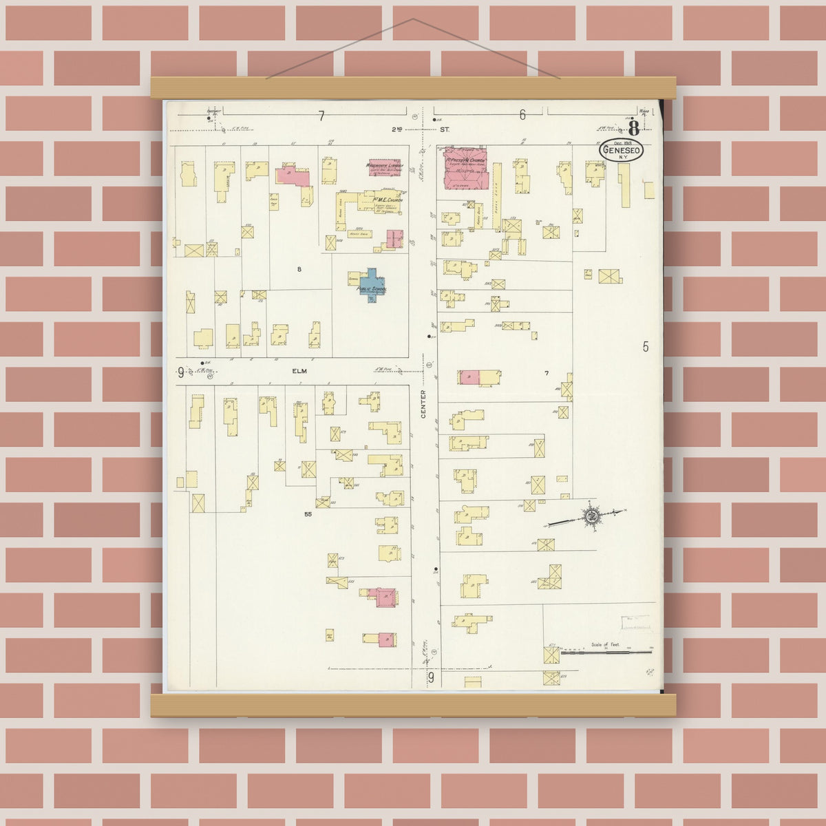 Old map wall art mockup — magnetic wood frame on brick wall — Sanborn Fire Insurance Map from Geneseo, Livingston County, New York (1913), Sheet #0008