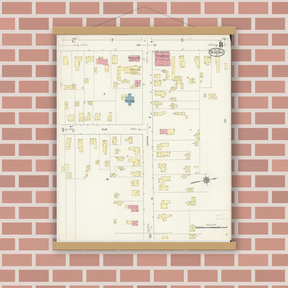 Old map wall art mockup — magnetic wood frame on brick wall — Sanborn Fire Insurance Map from Geneseo, Livingston County, New York (1913), Sheet #0008