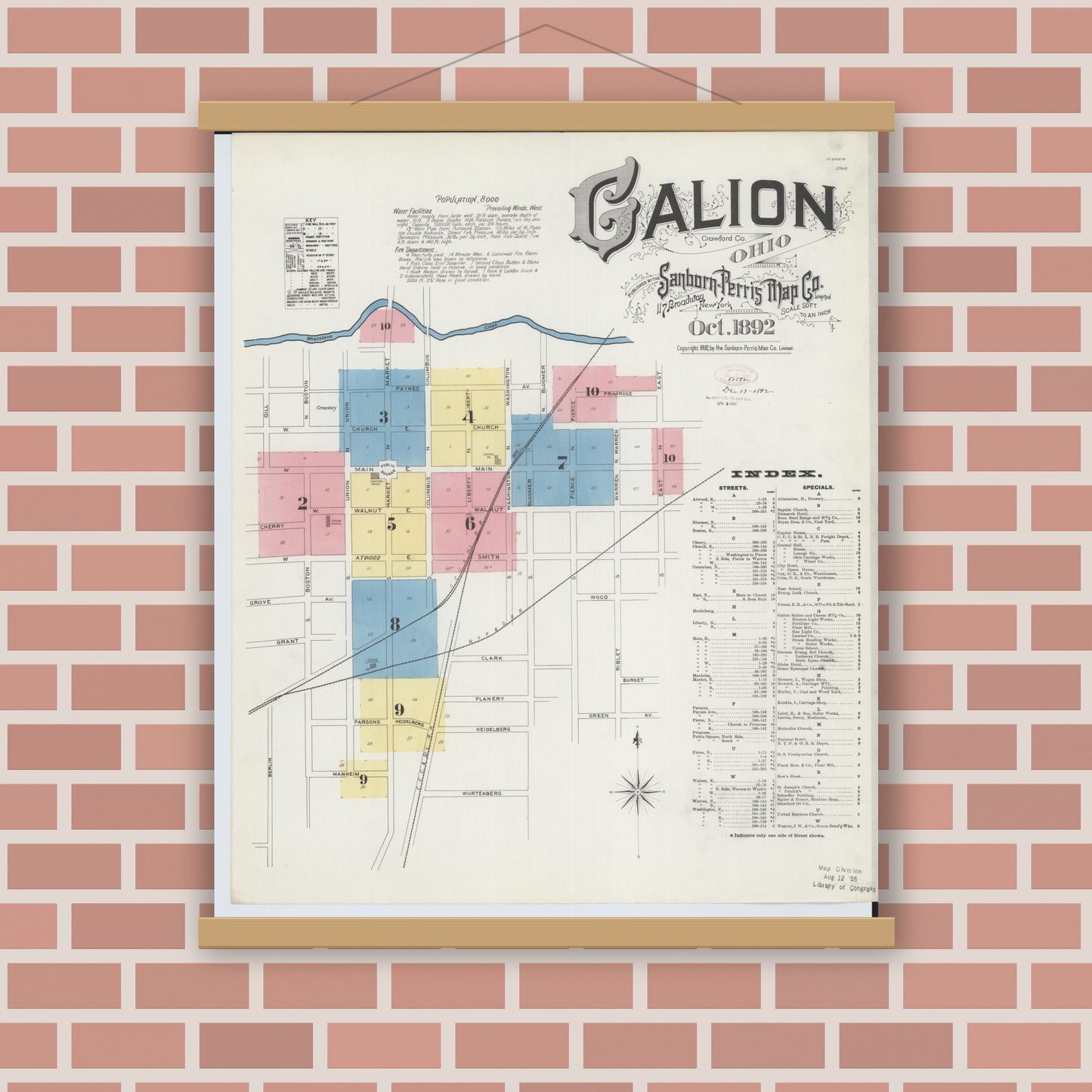 Old map wall art mockup — magnetic wood frame on brick wall — Sanborn Fire Insurance Map from Galion, Crawford County, Ohio (1892), Sheet #0001