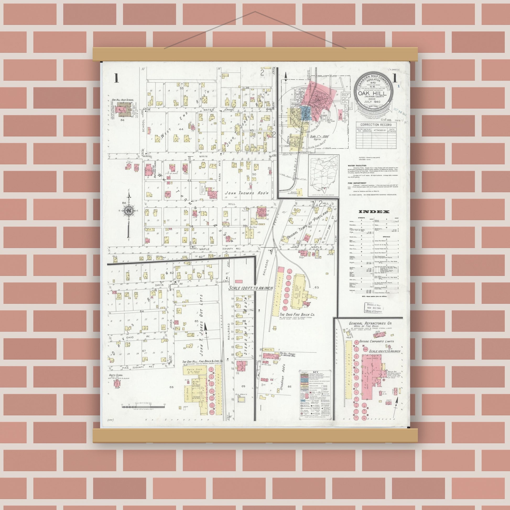 Old map wall art mockup — magnetic wood frame on brick wall — Sanborn Fire Insurance Map from Oak Hill, Jackson County, Ohio (1940), Sheet #0001